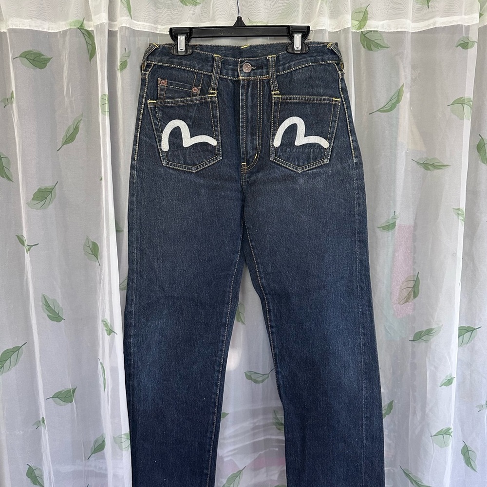 Evisu Blue Straight-Leg Jeans with White Pocket Designs